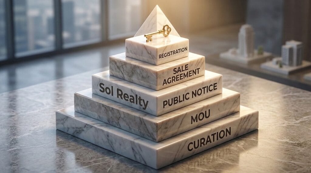 A 3D pyramid diagram representing the five essential stages of the luxury property buying process in Goa.
