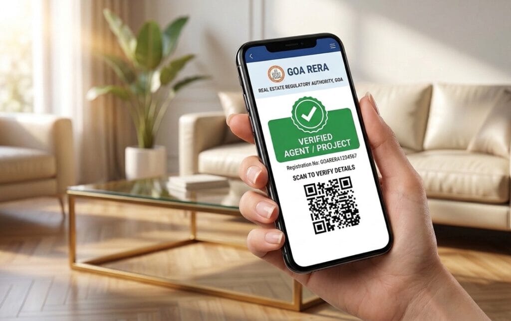 Smartphone displaying a verified RERA registration and digital e-stamping interface for a Goa property transaction.